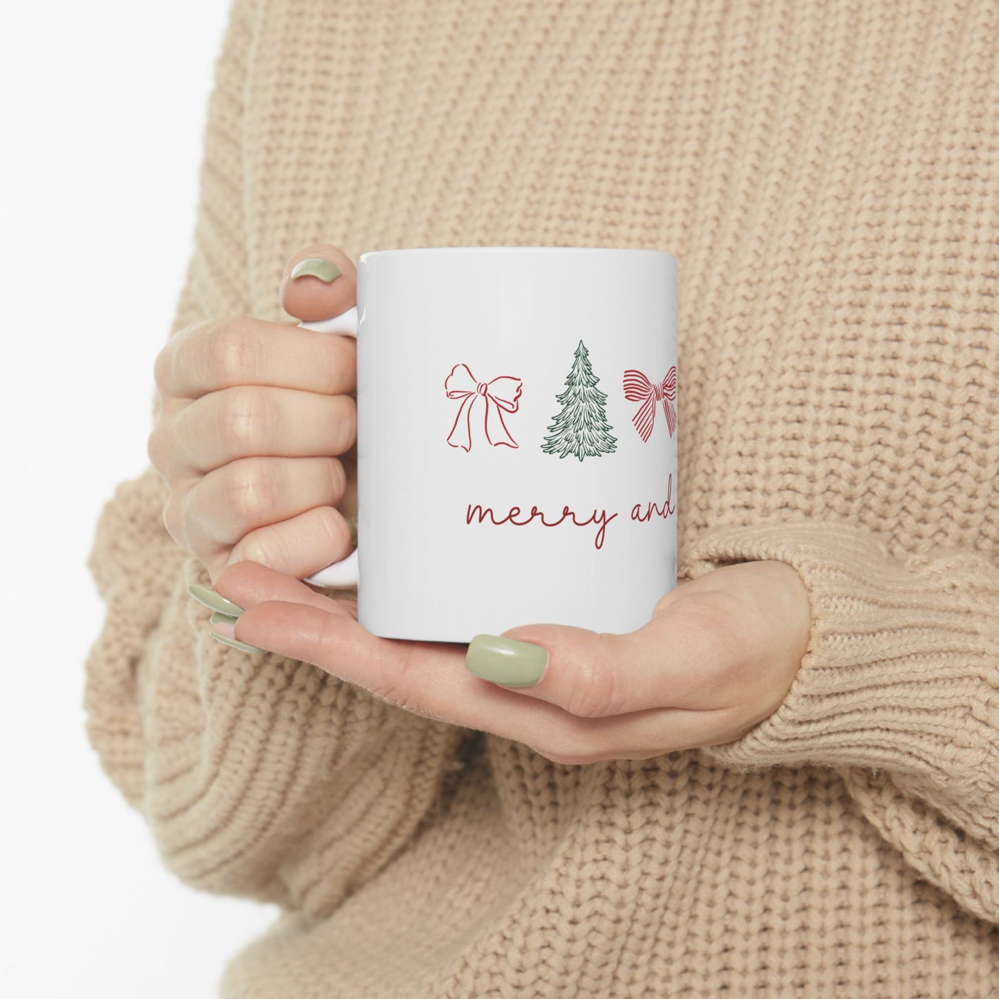 Merry and Bright Holiday Mug — Festive Trees & Bows Ceramic Coffee Cup (11oz & 15oz)
