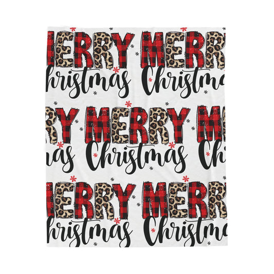 Velveteen Plush Blanket - 'Merry Christmas' Buffalo Plaid & Leopard Holiday Throw