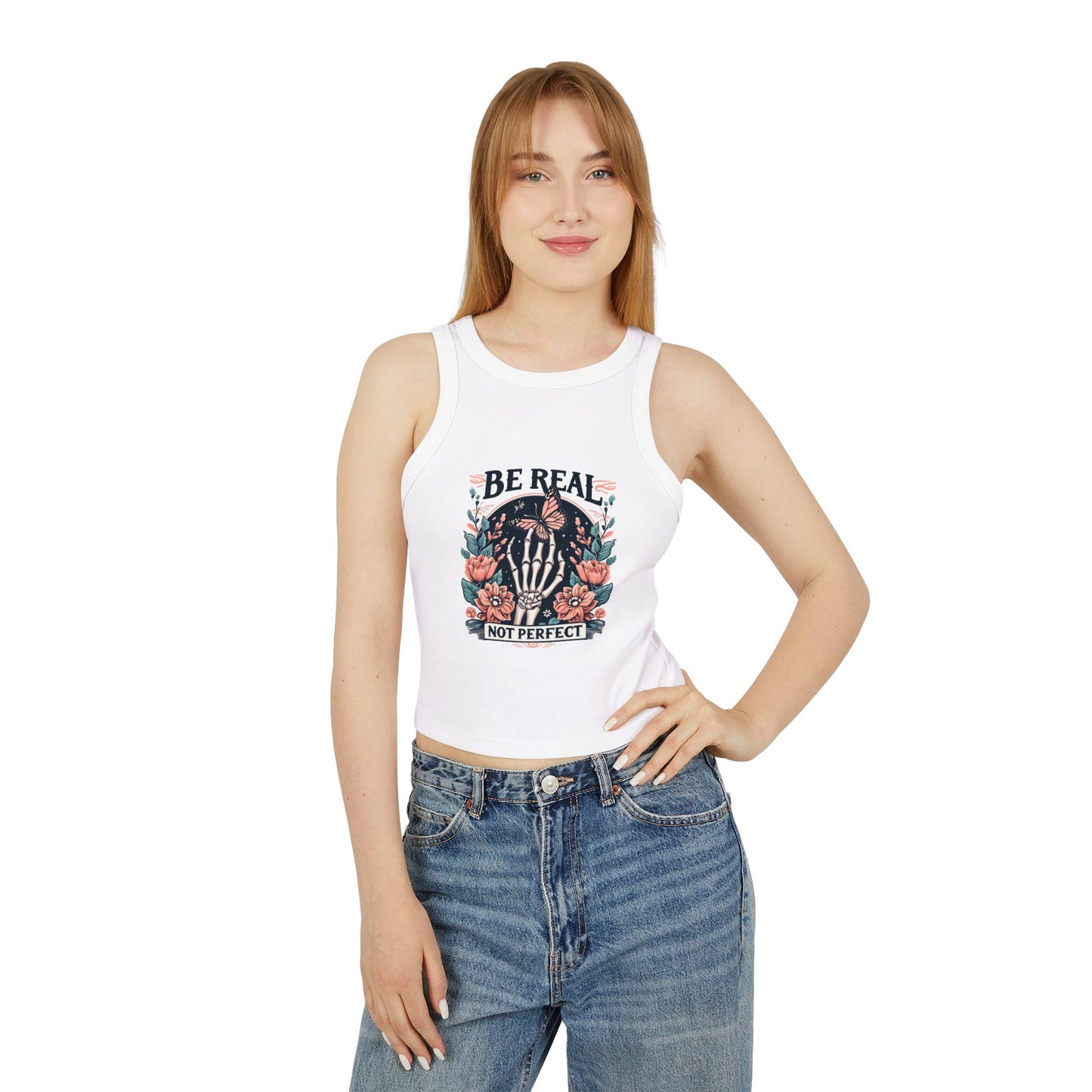 Be Real Not Perfect Floral Skeleton Racer Tank
