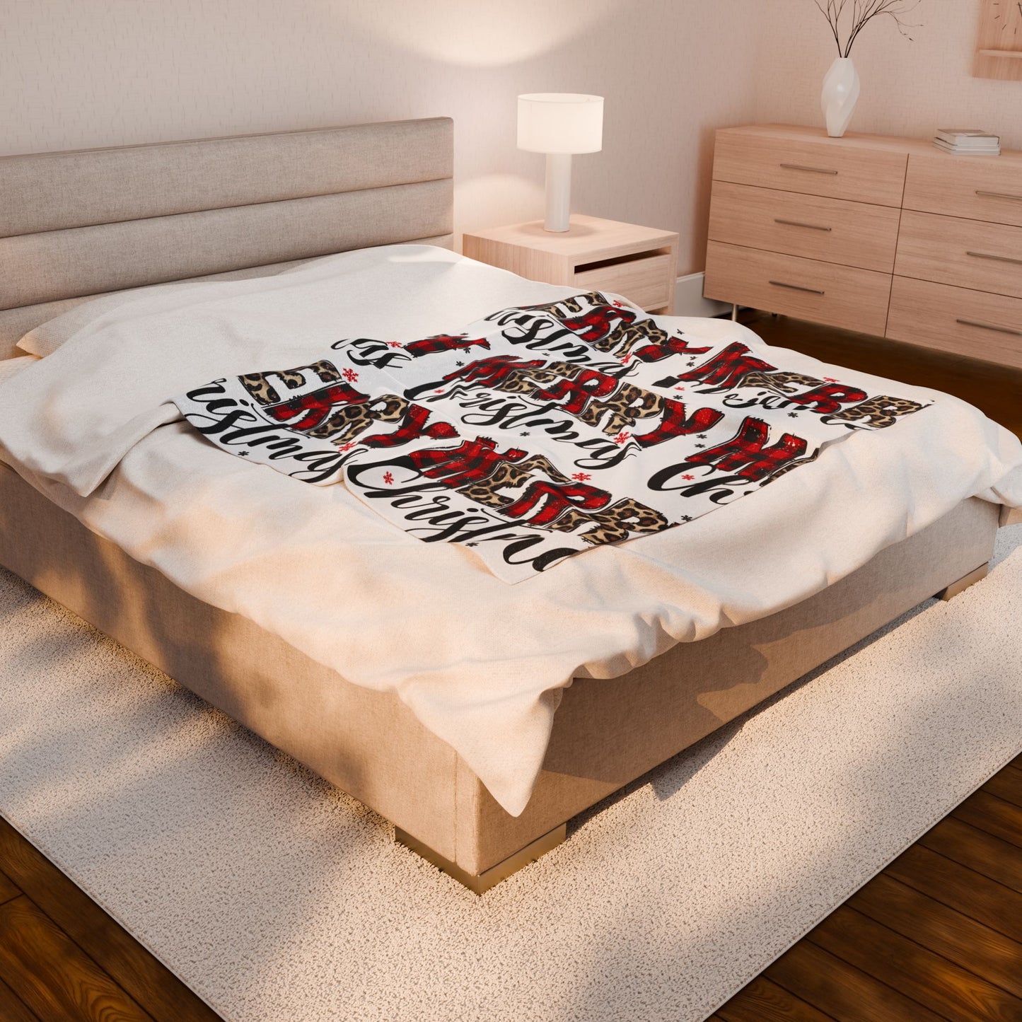 Velveteen Plush Blanket - 'Merry Christmas' Buffalo Plaid & Leopard Holiday Throw